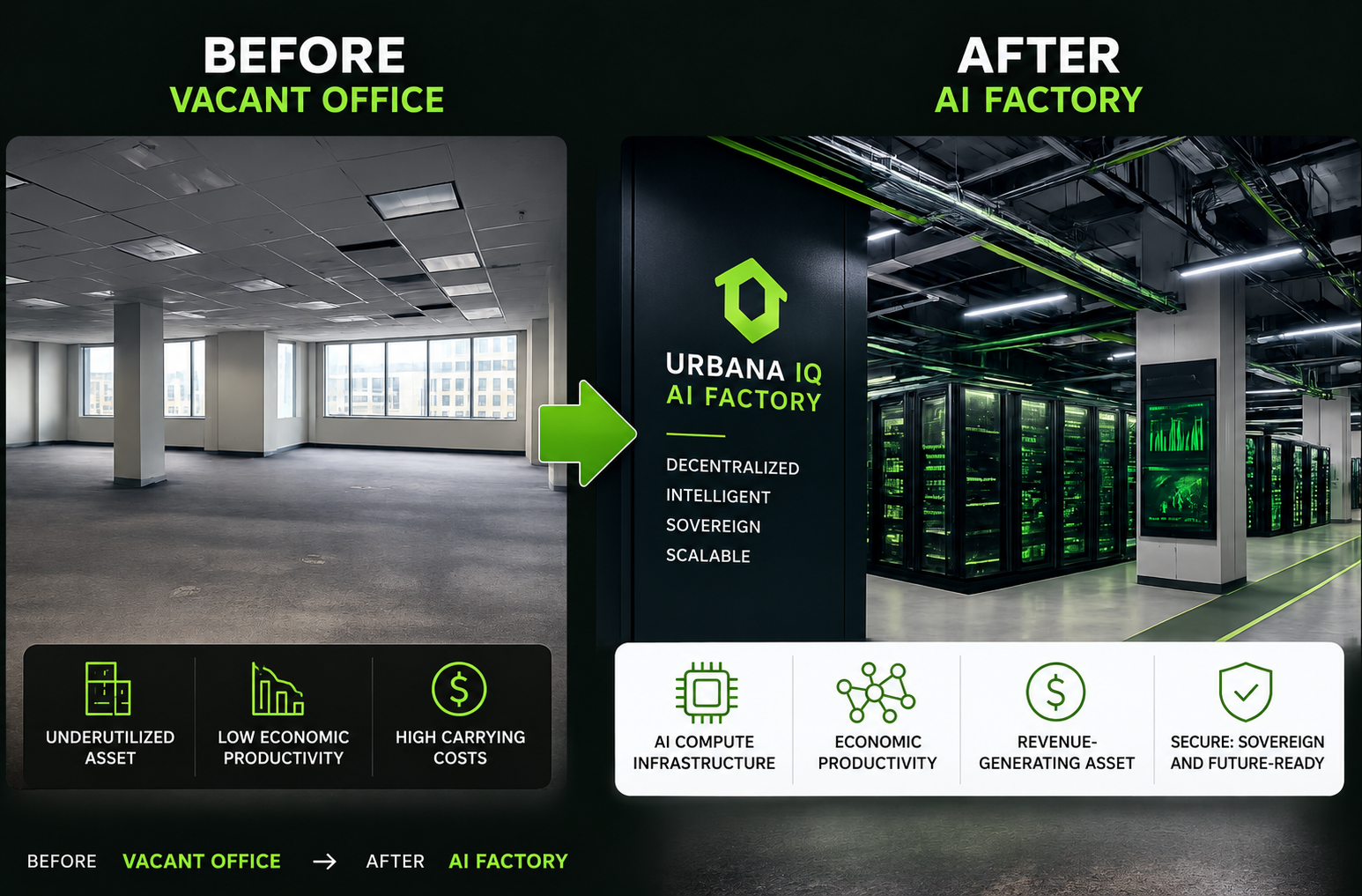 Urbana IQ before-and-after transformation from an empty building to an AI Factory
